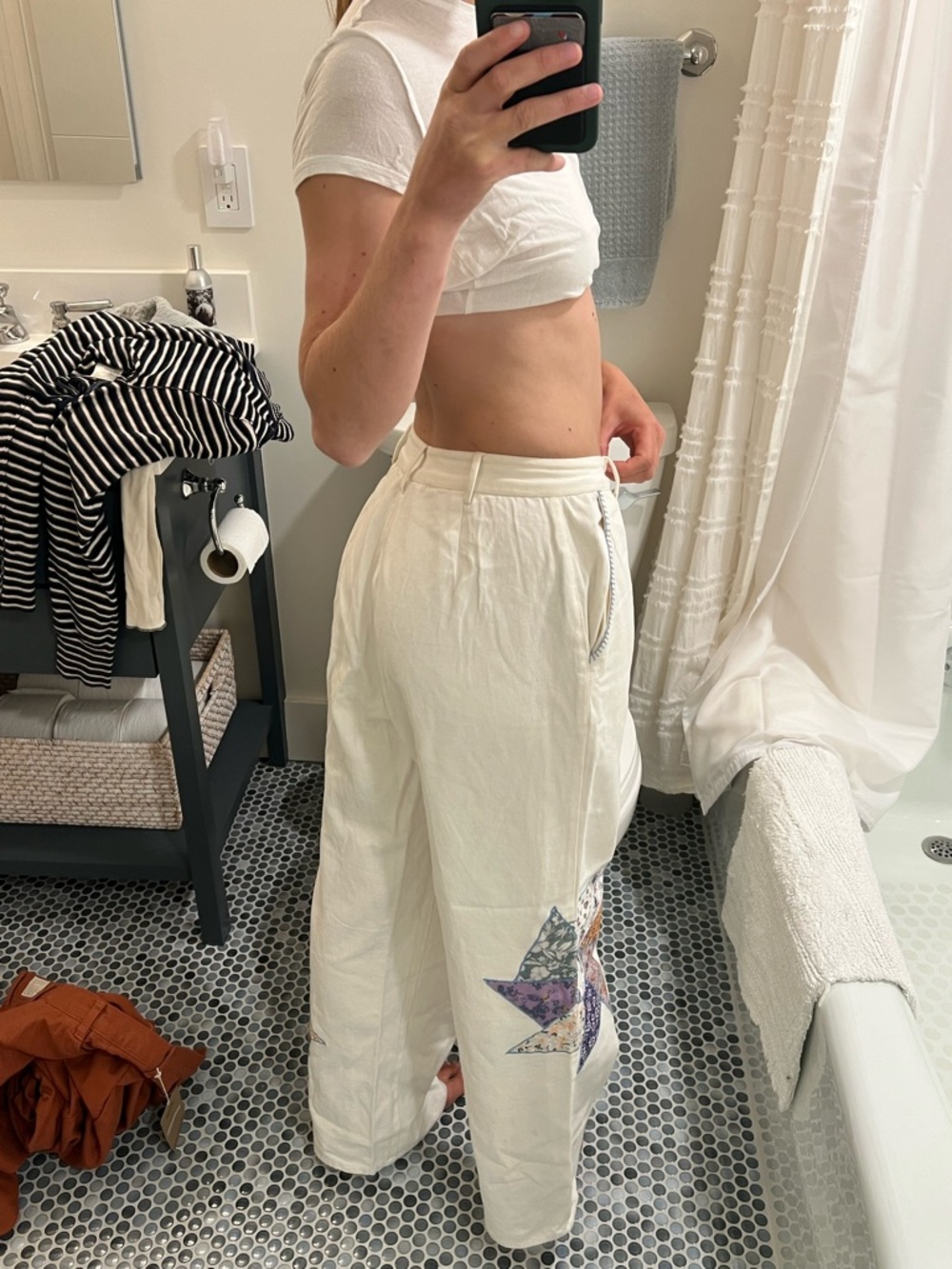 Anthropologie Cream Wide-Leg Patchwork Star Pants - Picture 3 of 4